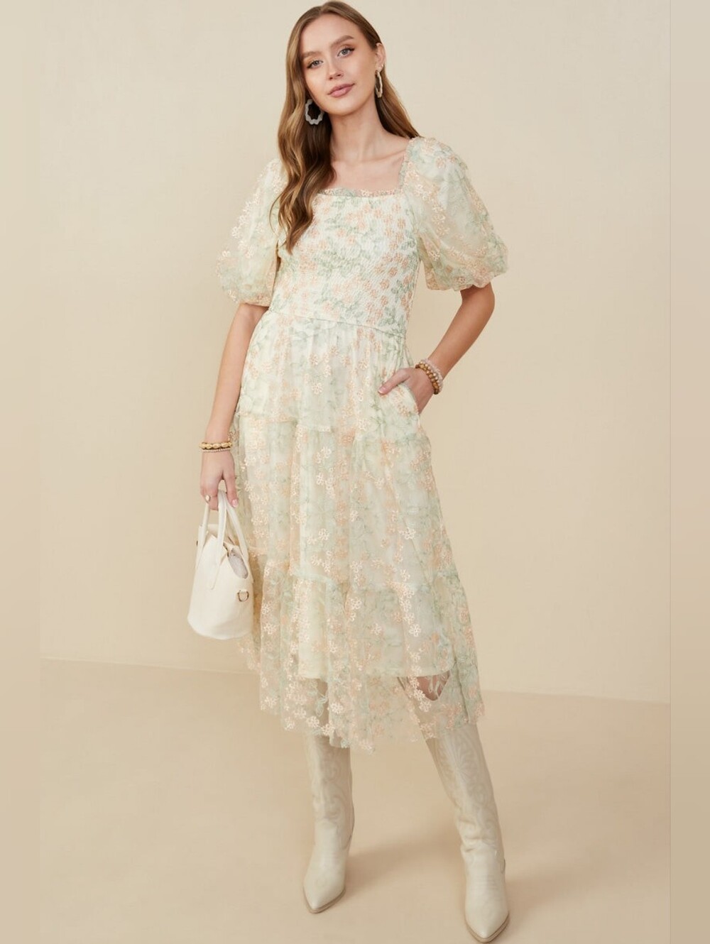 Romantic Floral Puff Sleeve Maxi Dress in Mint & Blush